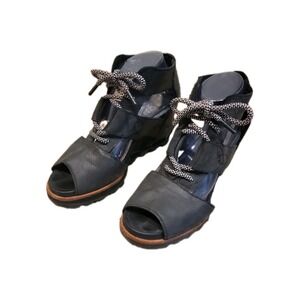 Sorel Joanie Sandal Sz 9 Lace Up Black Leather Wedge Cut Out Peep Toe Women Shoe
